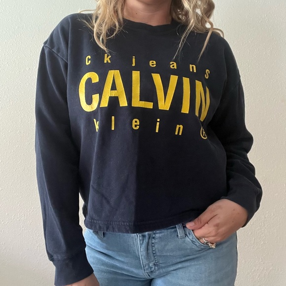90’s Vintage Calvin Klein Cropped Sweatshirt size M Navy Blue - Picture 1 of 5